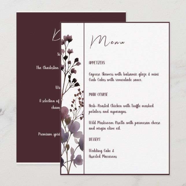 Menu Red Blush Floral Wedding Elegant Romantic (Frente/Verso)