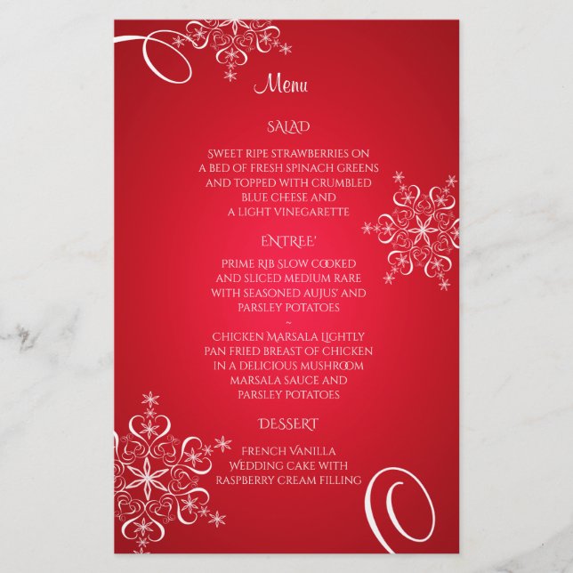 Menu Red do Casamento Elegance Floco de Neve (Frente)