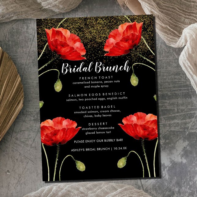Menu Red Floral Elegante Glitter Bridal Brunt (Criador carregado)