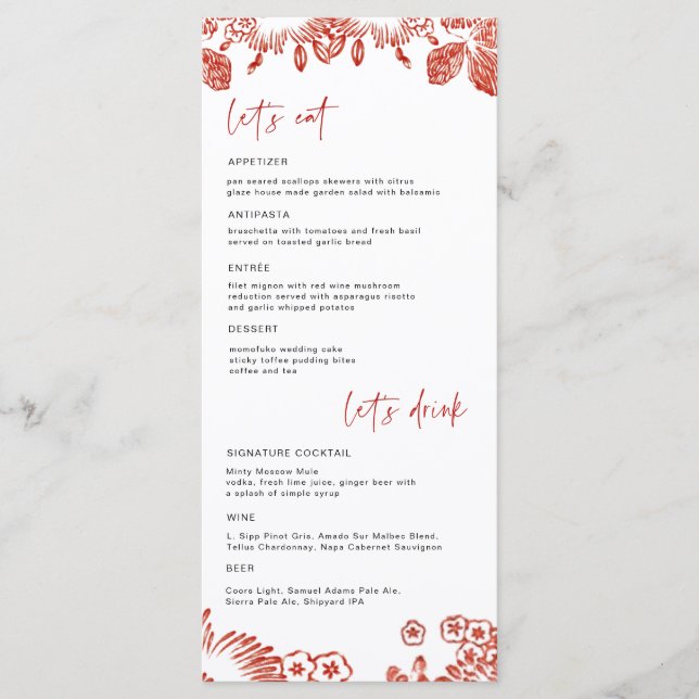 Menu Red Floral Portugal Cerâmica | Casamento (Frente)