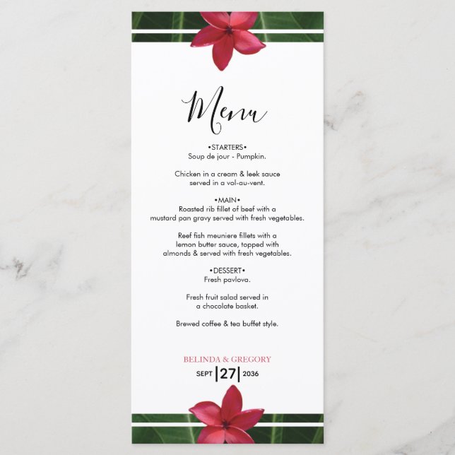 Menu Red Frangipani Plumeria Wedding (Frente)