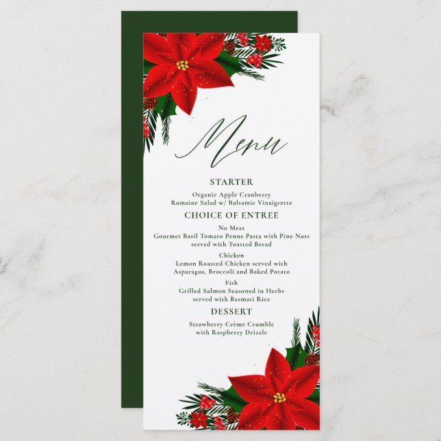 Menu Red Poinsettia Pine Greenery Árvore Sai do Natal (Frente/Verso)