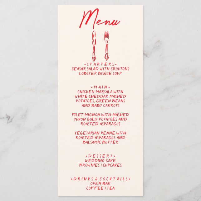 Menu Red Retro Hand Written Drawn Quirky Unique Wedding (Frente)