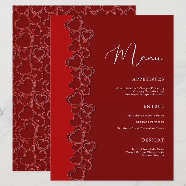 Menu Red Romantic Hearts Swirls Dia de os namorados Fer (Frente/Verso)