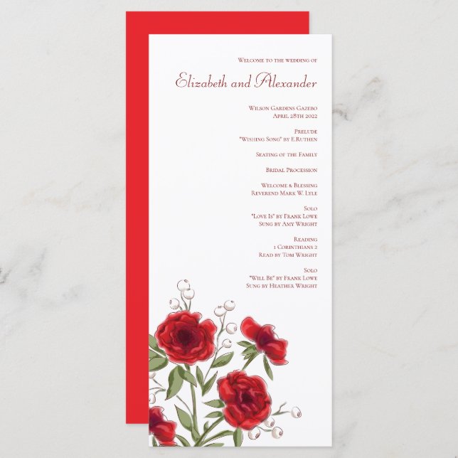 Menu Red Rose Romantic Wedding Programs (Frente/Verso)