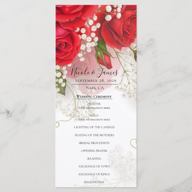 Menu Red Roses & Babys Breath Elegant Floral Wedding  (Frente)