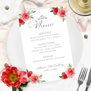 Menu Red Silver Faux Foil Floral Quinceanera