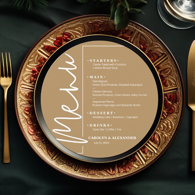 Menu Redondo Chic Dourado (Chic Gold round menu ready to be personalized for your sit-down dinner occasion.)
