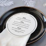Menu Redondo de Nomes Curvos Brancos<br><div class="desc">O cardápio de casamento redondo em branco com fontes pretas modernas e modernas,  e seus nomes e data de casamento em um texto curvo ao longo da borda do cardápio de casamento redondo.</div>