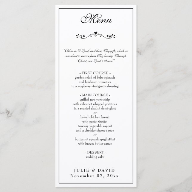 Menu Religião Elegante de Casamento Negro e Branco (Frente)