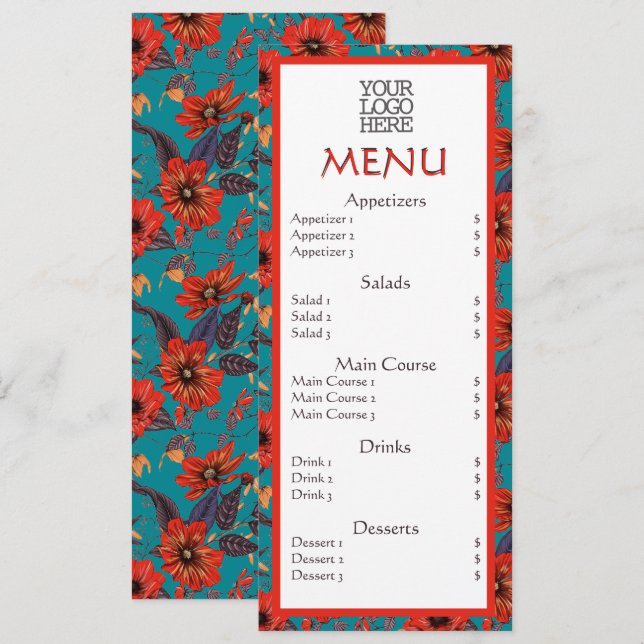 Menu Restaurante do Café Floral Red Teal (Frente/Verso)