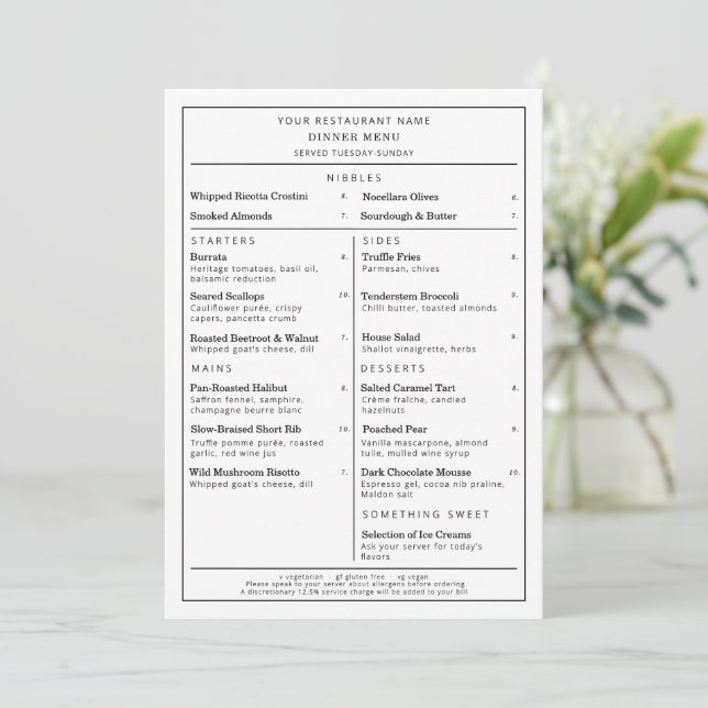 Menu Restaurante Minimalista Simples Adicione Seu Logot (Em pé/Frente)