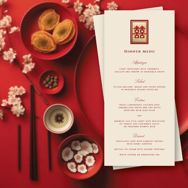 Menu Retângulo Dupla Felicidade Casamento Chinês Dourad (Gold/Red Classic Rectangle Double Happiness Modern Classy Chinese Wedding Menu @ fatfatin_red_knot)