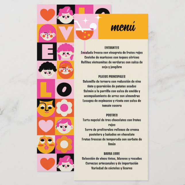 Menu Retro Amarillo y Rosa Estampado Geométrico Boda (Frente/Verso)