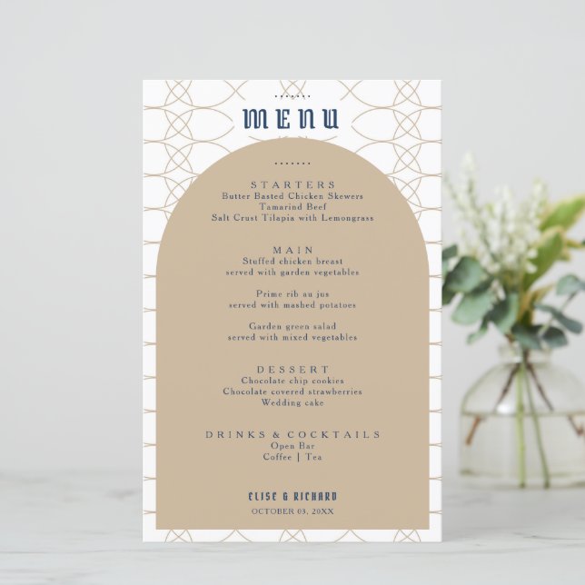 Menu Retro Casamento Real Azul Clássico (Em pé/Frente)