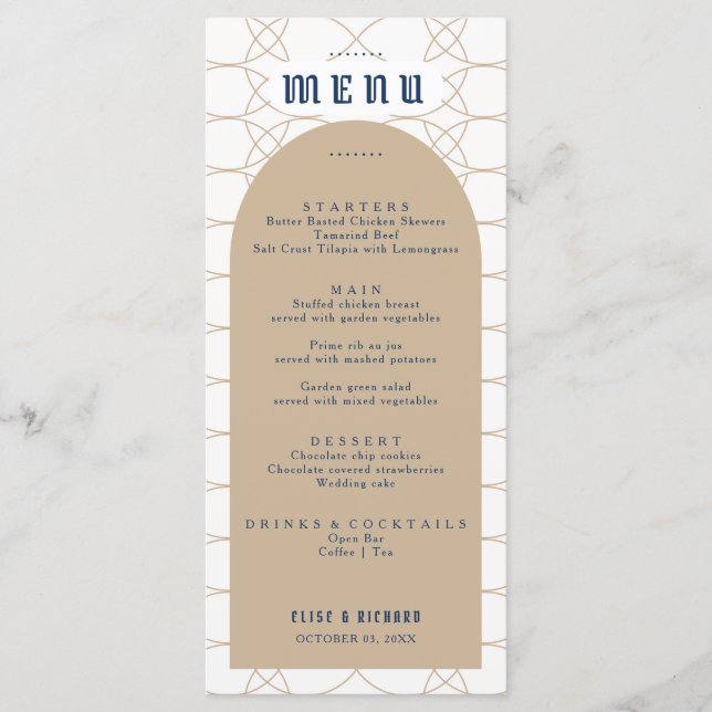 Menu Retro Casamento Real Azul Clássico (Frente)