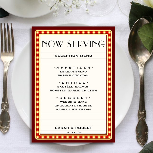 Menu Retro Cinema Theater - Sinal de Casamento Vermelho (Retro Cinema Theater Marquee Sign Red Wedding Menu)