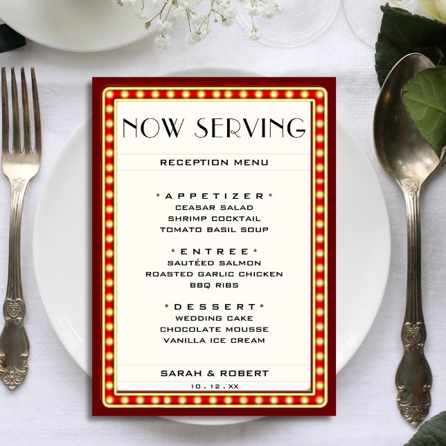 Menu Retro Cinema Theater - Sinal de Casamento Vermelho (Retro Cinema Theater Marquee Sign Red Wedding Menu)