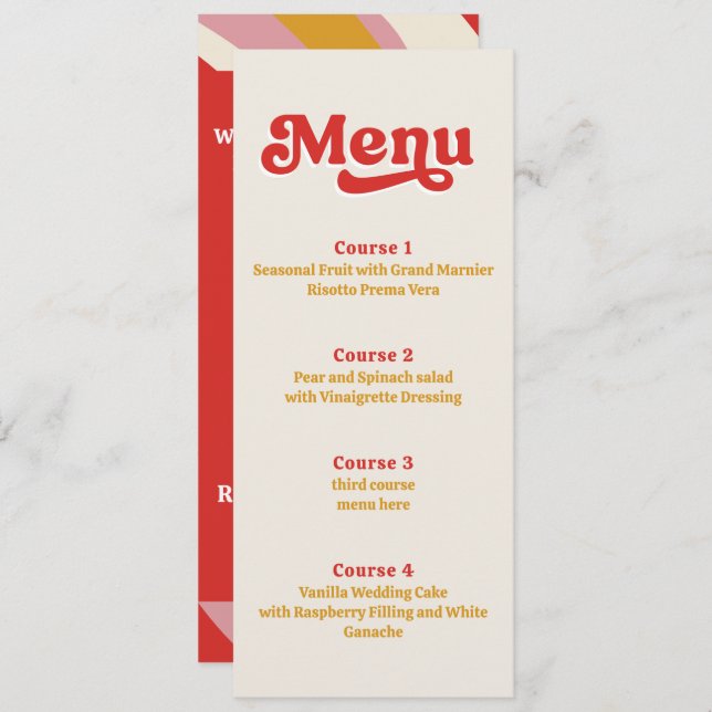 Menu Retro Groovy 70s Casamento vermelho marfim (Frente/Verso)