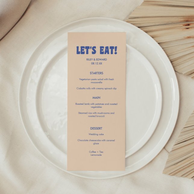 Menu Retro Moderno Azul e bege 'Vamos Eat!' Casamento (Criador carregado)