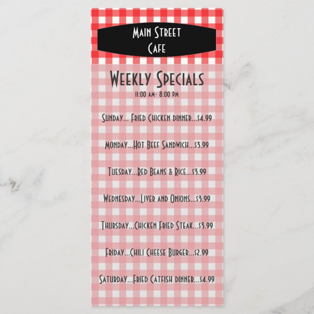 Menu Retro Tablecloth Red Gingham Café (Frente)