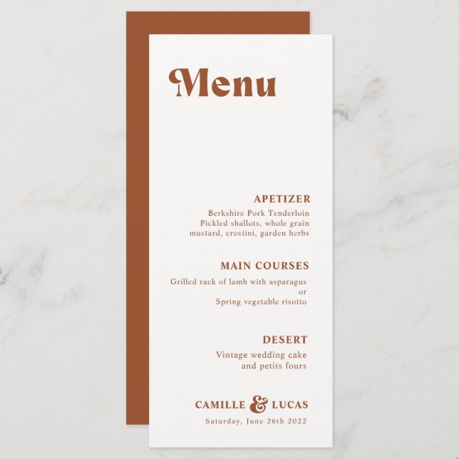 Menu Retro Terracotta Rust Wedding (Frente/Verso)