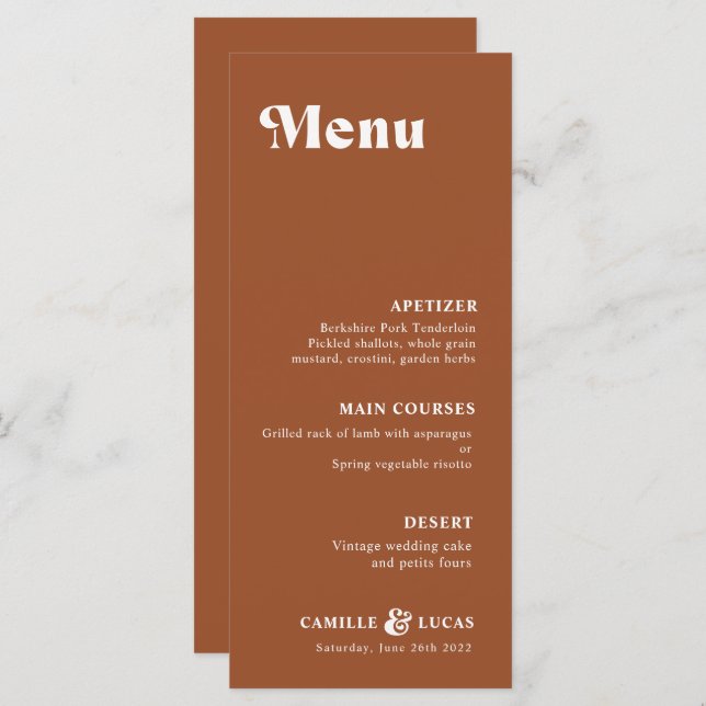 Menu Retro Terracotta Rust Wedding (Frente/Verso)