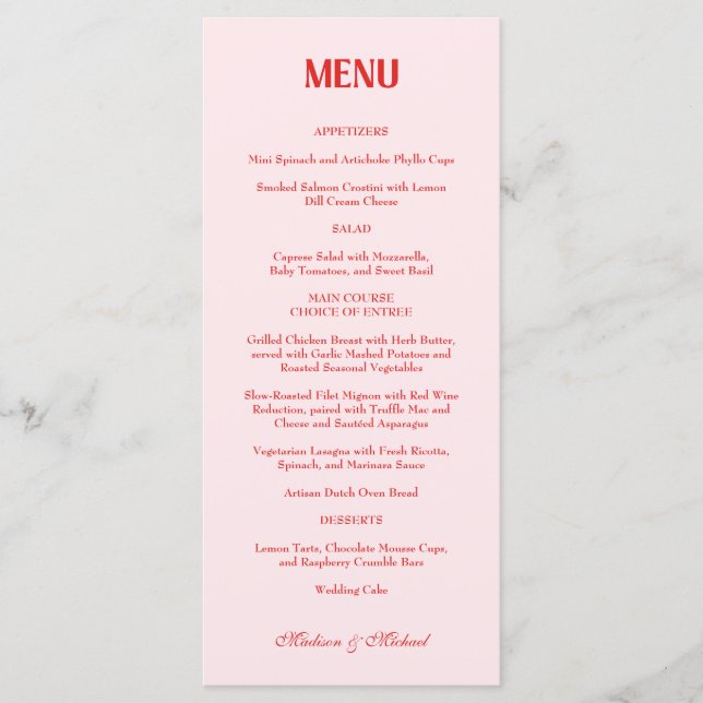 Menu Retro Valentine Wedding Photo Red Pink (Frente)