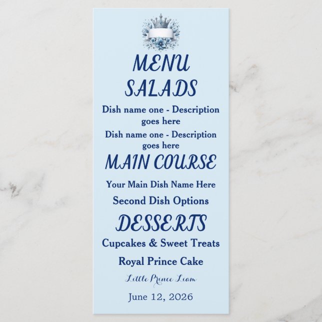 Menu Revestimento de Envelope Coroa Príncipe Azul Prata (Frente)
