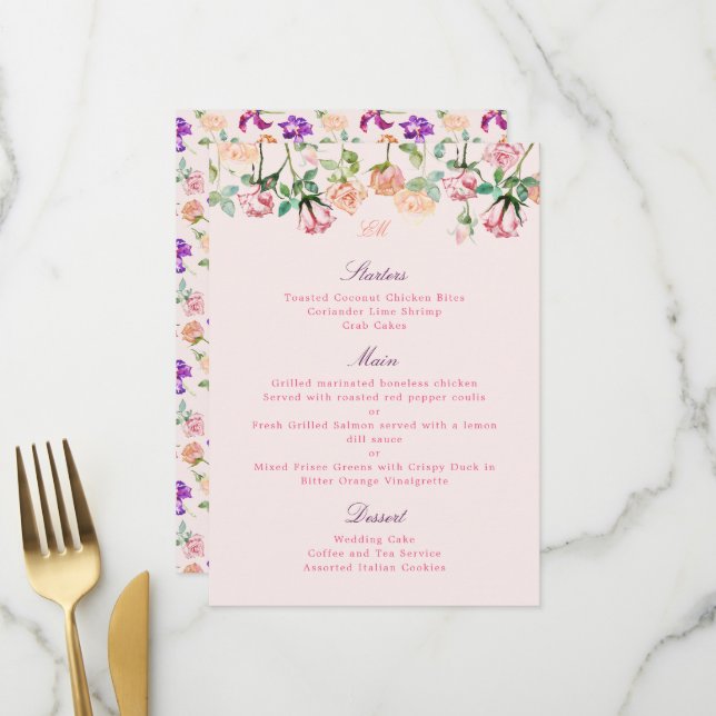 Menu Romance Botânico Boêmio Rosas Aquarela (Frente/Verso In Situ)