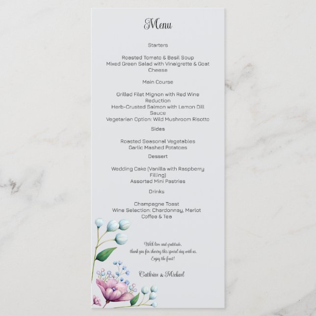 Menu Romance Botânico Suave De Casamento Floral Elegant (Frente)