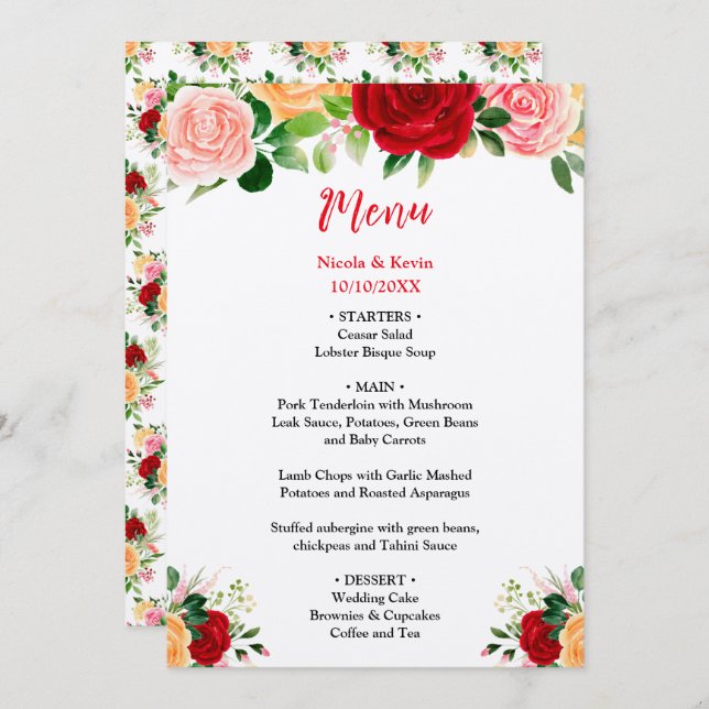 Menu Romantic Roses FloralRomantic Red and Oran Wedding (Frente/Verso)