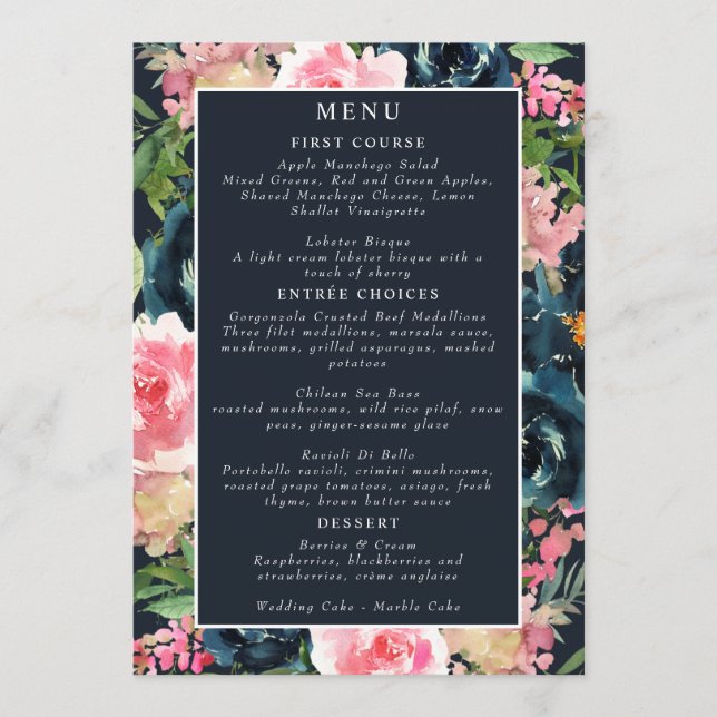 Menu Romântico Azul Naval Bege Rosa Floral (Frente)