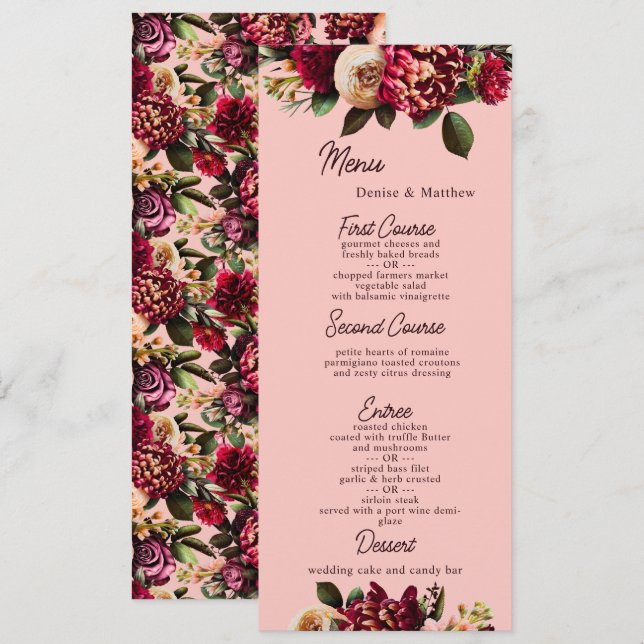 Menu Romântico crisântemo em cor-de-rosa (Frente/Verso)