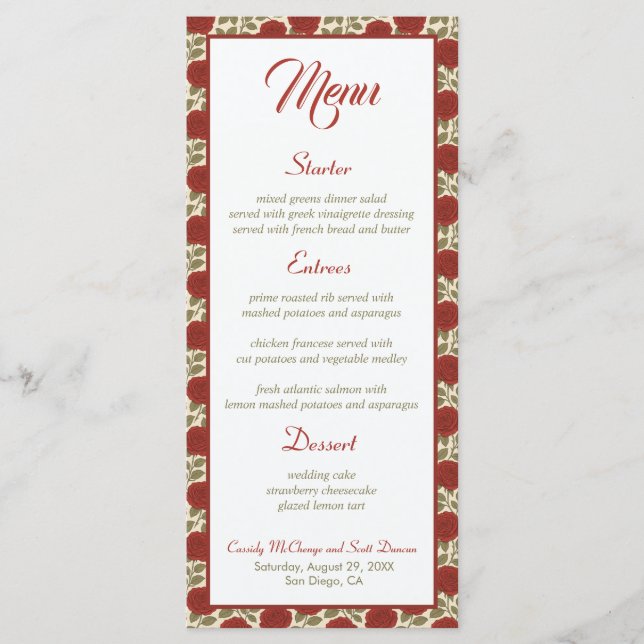 Menu Romântico de Casamento da Rosa vermelha Vitor (Frente)