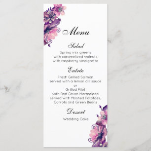 Menu romântico de casamento rosa. Menu janto Roxo