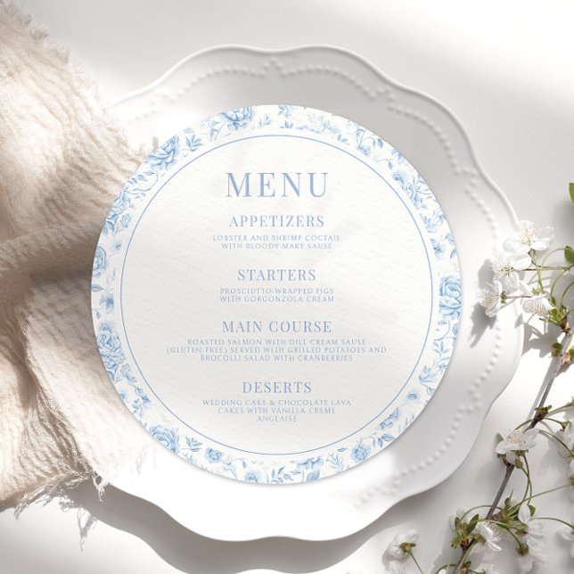 Menu Ronda de casamento de porcelana floral azul (Criador carregado)