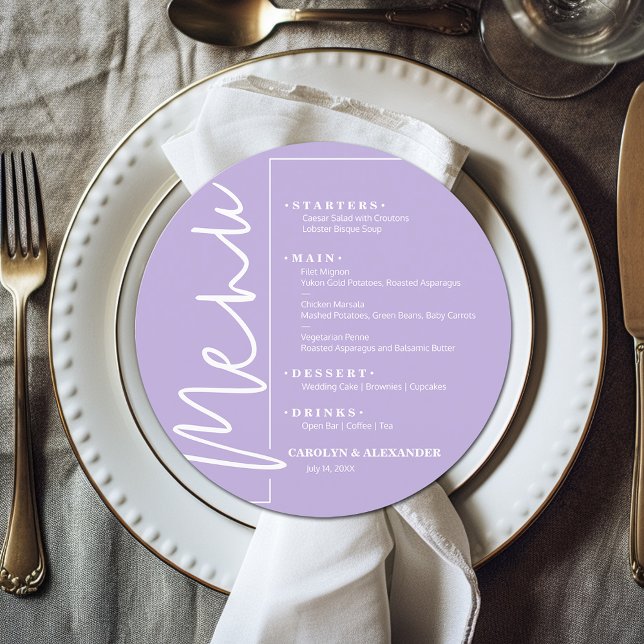 Menu Ronda Lavanda Chic (Chic lavender round menu with your choices in white lettering. )