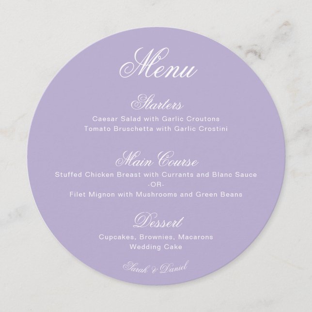 Menu Ronda Lavanda Simples Caligrafia Casamento Roxo (Frente)