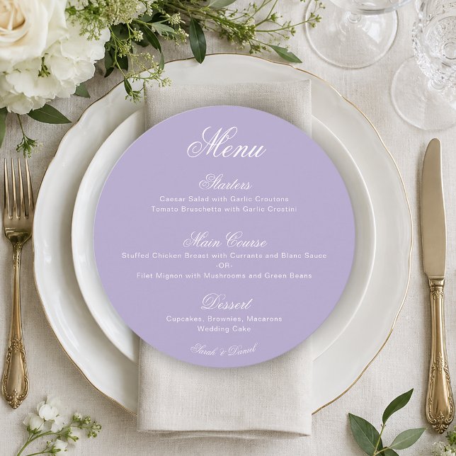 Menu Ronda Lavanda Simples Caligrafia Casamento Roxo (Criador carregado)