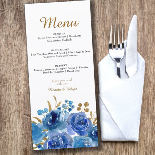 Menu Rosa Azul e Folha Dourada Com 3 Pratos Editável