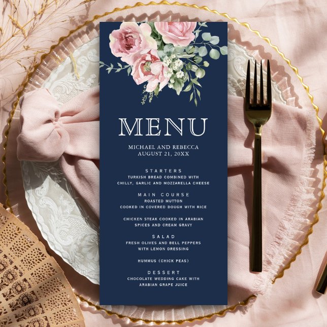 Menu Rosa Bege Flora Eucalipto Azul Marinho Casamento (Criador carregado)