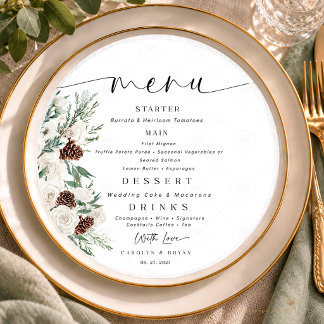 Menu Rosa Branca de Inverno Evergreen Pinecone para pra
