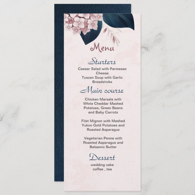 Menu rosa cor-de-rosa poeirento folhas marinho casament (Frente/Verso)