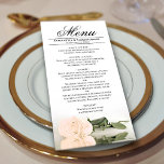 Menu Rosa de Pêssego Elegante Reflexação Casamento<br><div class="desc">Este belo menu irá adicionar algum estilo à sua recepção de casamento. Apresenta um belo e romântico design, com um pêssego pálido solteiro ou rosa cor de laranja claro, deitado do seu lado, refletindo numa piscina de água com ondas e ondulações. Há espaço para os nomes do casal e da...</div>