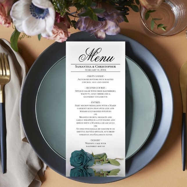 Menu Rosa de Turquesa Teal Elegante Reflexação Casament (In Situ on Plate)
