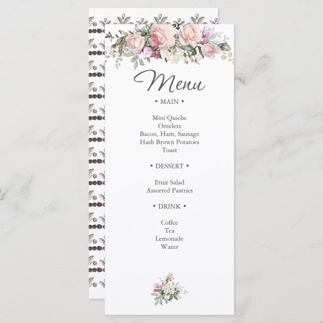 Menu Rosa de Watercolor e Casamento Floral Verde (Frente/Verso)