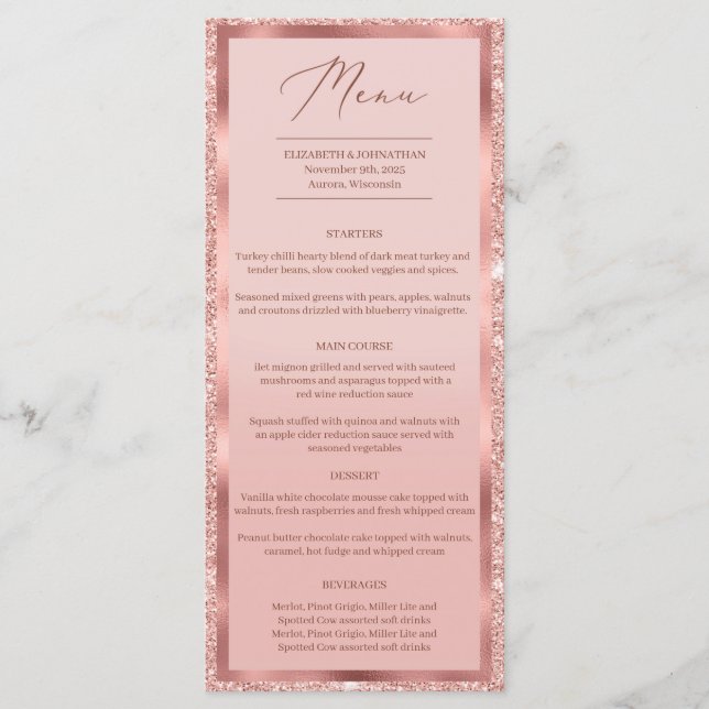 Menu Rosa dourado-brilho e janto de casamento de folha (Frente)