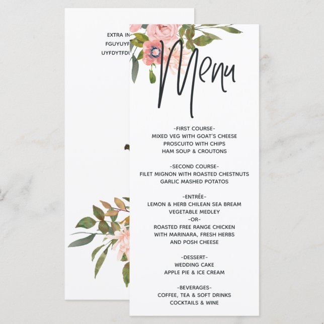 Menu Rosa Dourado e Floral Bege (Frente/Verso)