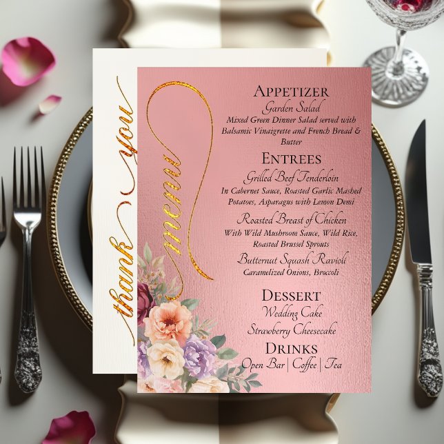 Menu Rosa Dourado - Flores Silvestres, Monograma e Obri (Criador carregado)
